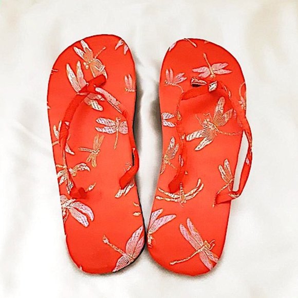 Satin RED Woven Dragonfly Open-Toe Flip Flops Sz S - Picture 1 of 9